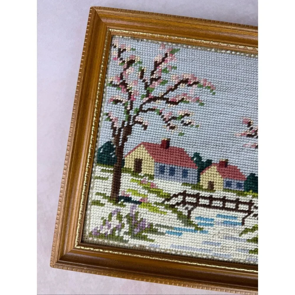 Vintage Framed Needlepoint Country House Cottagecore